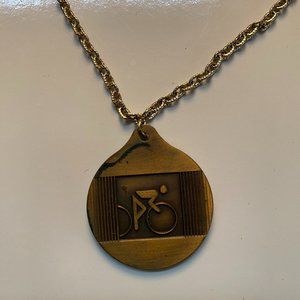 Olympics Cycling medallion vintage 1976 Montreal bronze bicycle pendant w/chain